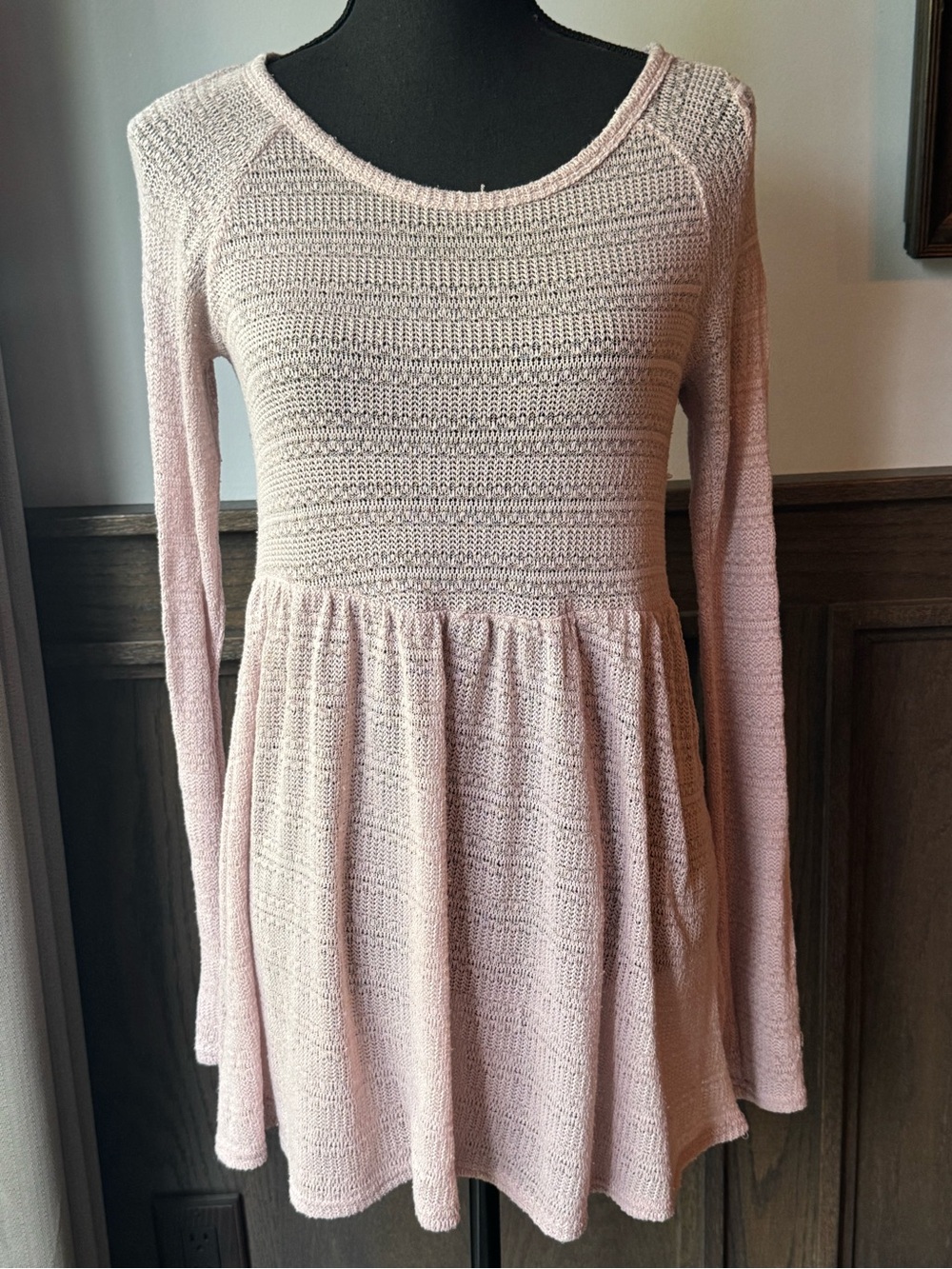 American Eagle Outfitters Light Pink Long Sleeve Knit Babydoll Dress